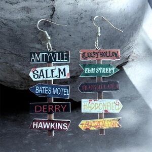 Horror Movie Destination Dangle Earrings – Novelty Signpost Jewelry